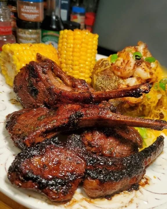 Titelbild für Grilled Lamb & Almonds Shrimp Roast Potato & Creole